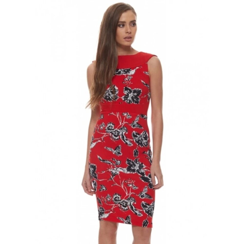 Vesper Blossom Dress Red & Black Floral High Neck Sheath Career Office Size 12